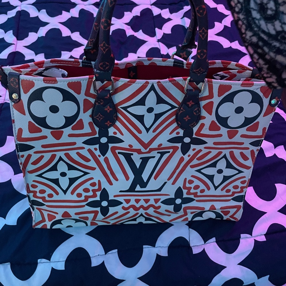Designer inspired Red and navy Geometric Tote